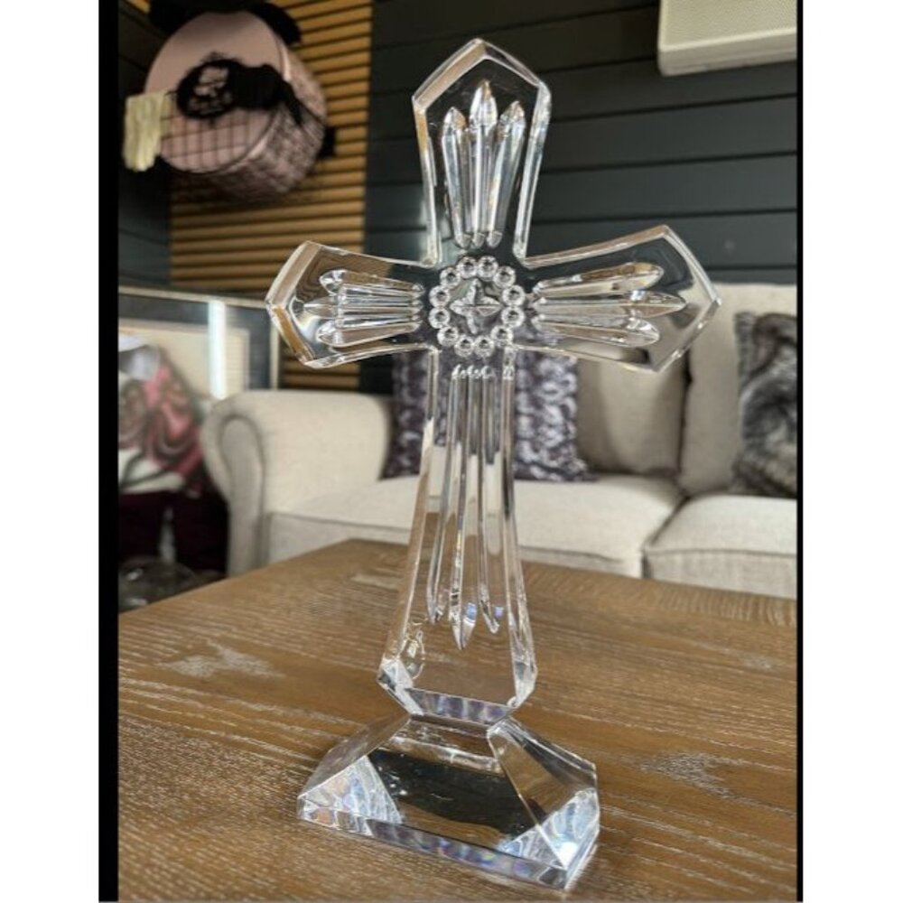 Waterford Crystal Glass Cross With Faceted Detailing & Beveled Edges - Elegant H